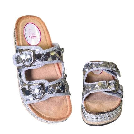 Stylish Silver Slip-On Flat with Buckle & Sequin Detailing